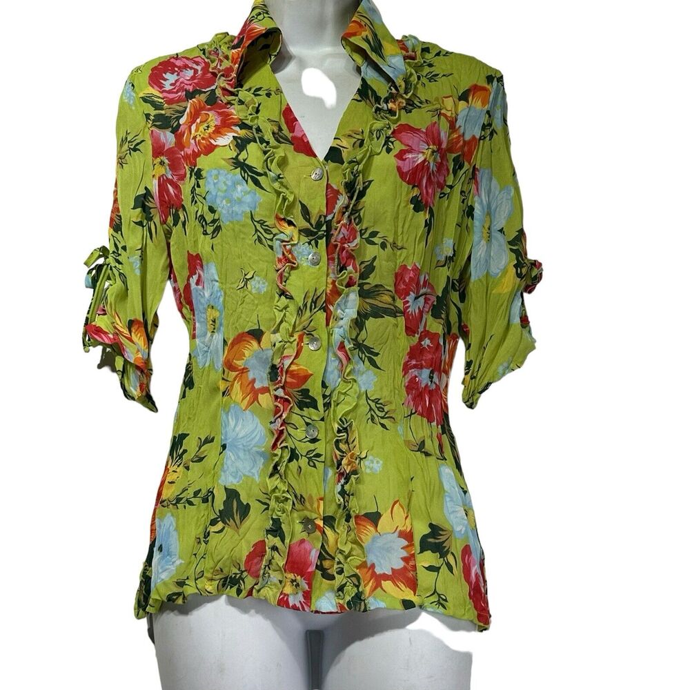 Vintage Caviar Crinkle Accordion Bright Floral Pleated Button Up Blouse Size S